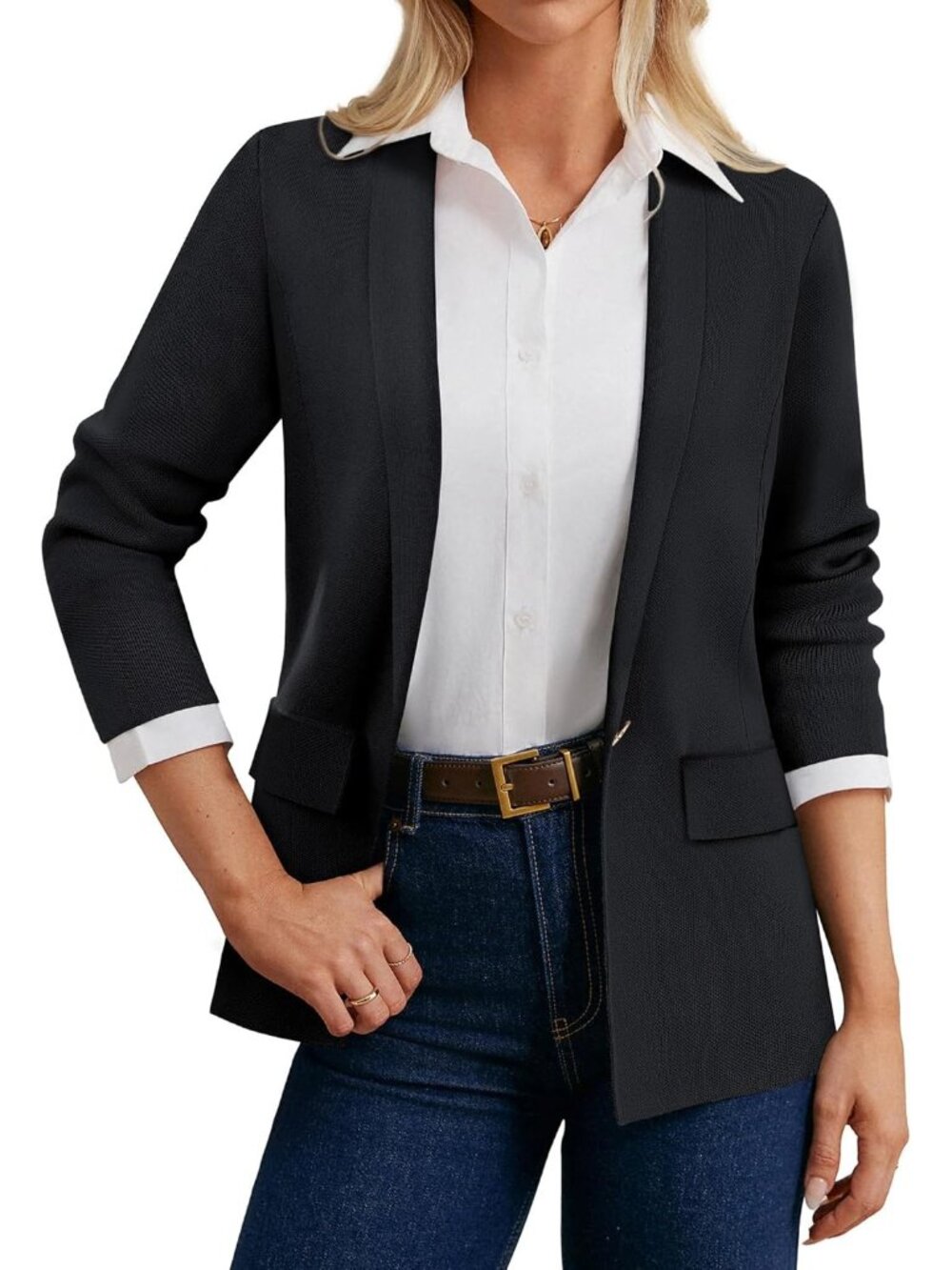 Women's Black Cardigan Sweater Blazers Business Casual Long Sleeve Open Front
